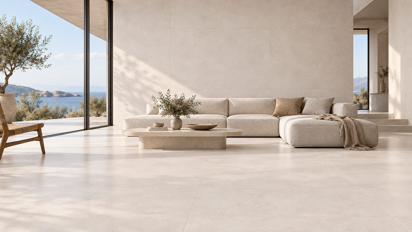 Ambiente cerámica Calm, efecto piedra y cemento